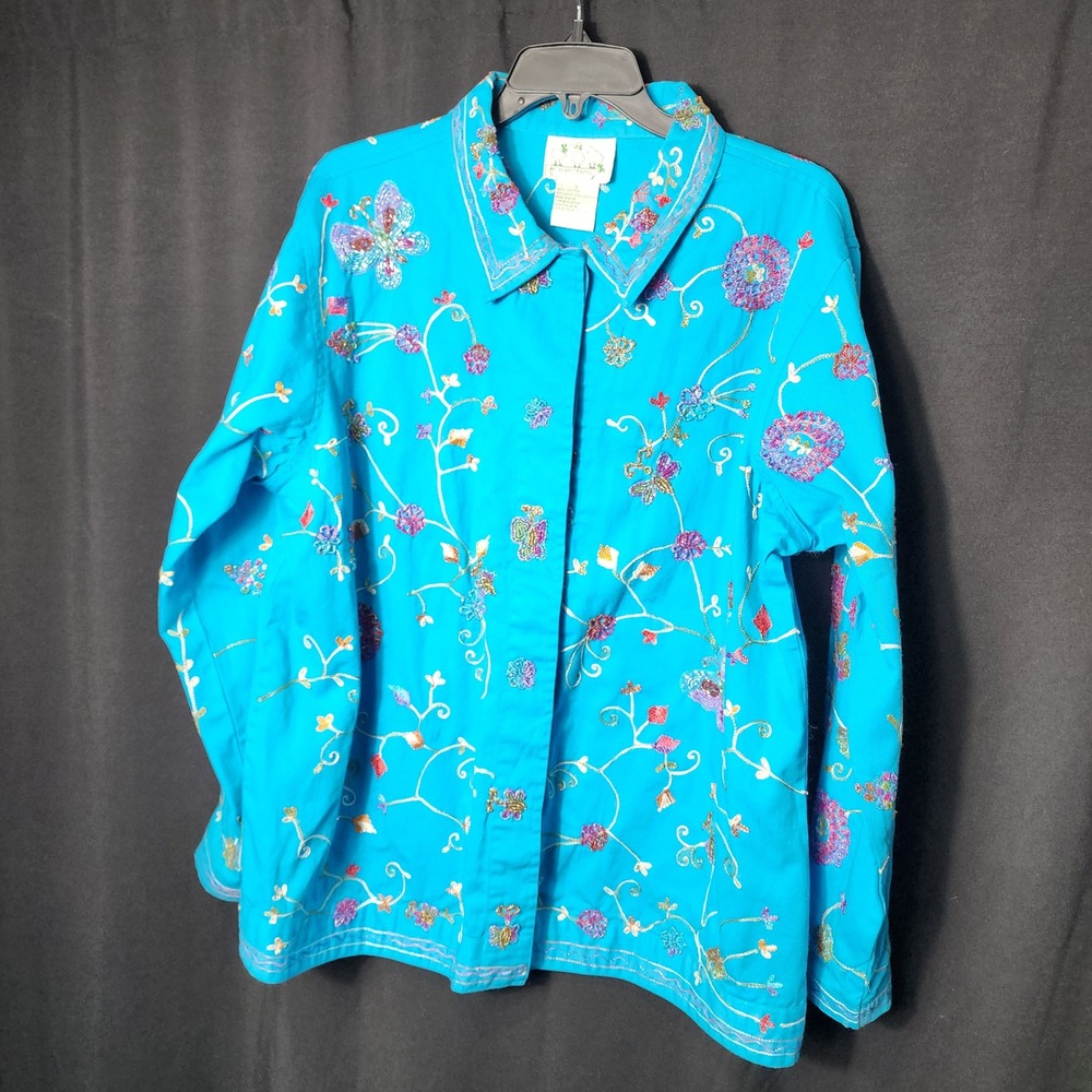 Quacker Factory Turquoise Blue Embroidered Butterfly Beaded Cotton Jacket Large